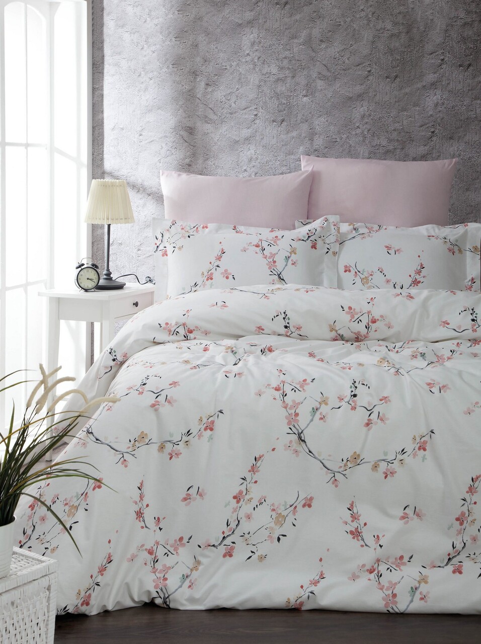 Lenjerie de pat dubla King (FR), L'essentiel Maison, Jasmine, Alb/Somon - imagine 6